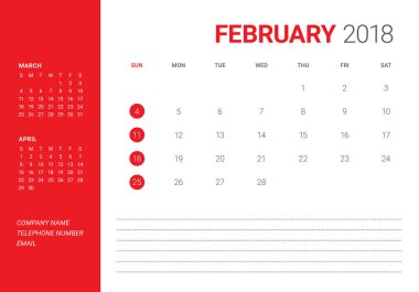 Şubat 2018 Resepsiyon takvim vektör çizim