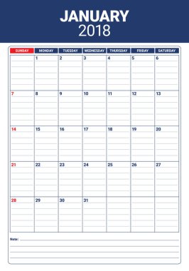 Ocak 2018 takvim planlayıcısı vektör çizim