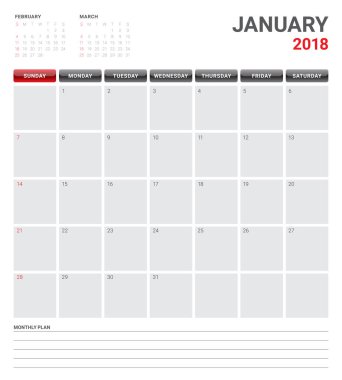 Ocak 2018 takvim planlayıcısı vektör çizim
