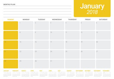 Ocak 2018 takvim planlayıcısı vektör çizim