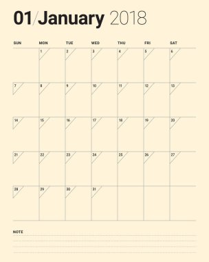 Ocak 2018 takvim planlayıcısı vektör çizim