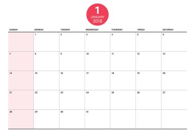 Ocak 2018 takvim planlayıcısı vektör çizim