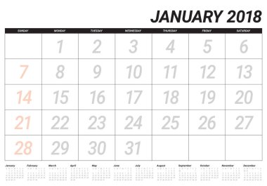 Ocak 2018 takvim planlayıcısı vektör çizim