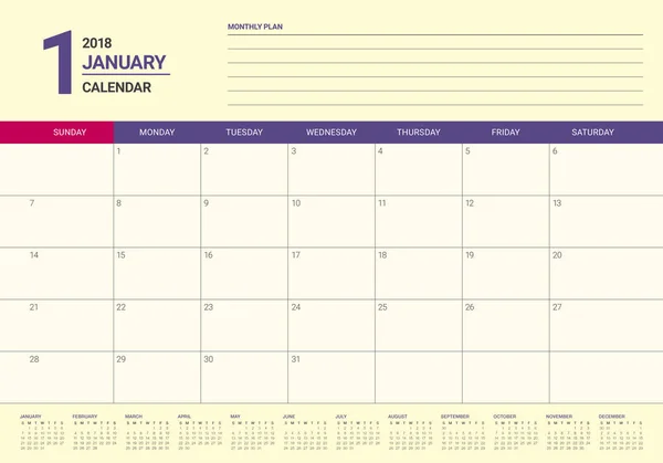 Ilustração do vetor planejador calendário de janeiro de 2018 — Vetor de Stock