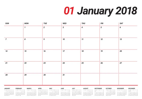 Ilustração do vetor planejador calendário de janeiro de 2018 —  Vetores de Stock
