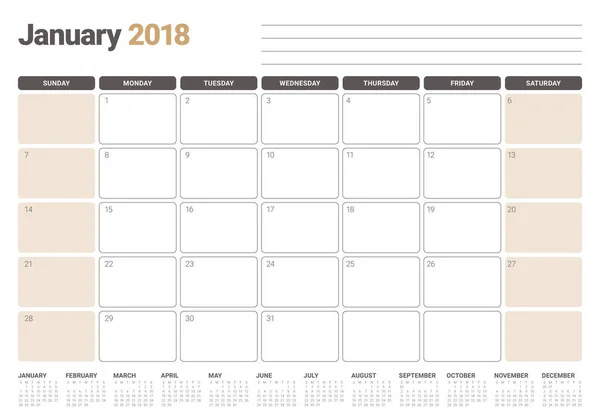Ilustração do vetor planejador calendário de janeiro de 2018 — Vetor de Stock