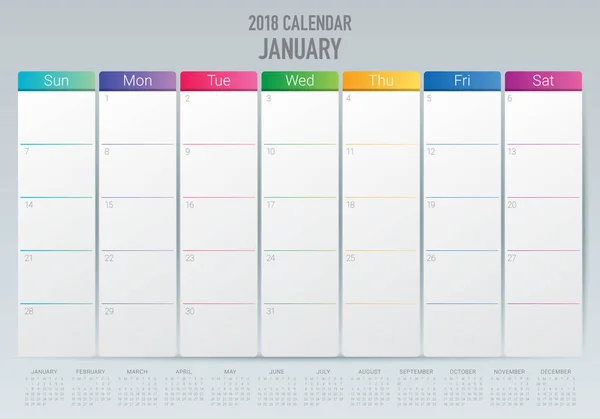 Januari 2018 kalender planner vectorillustratie — Stockvector