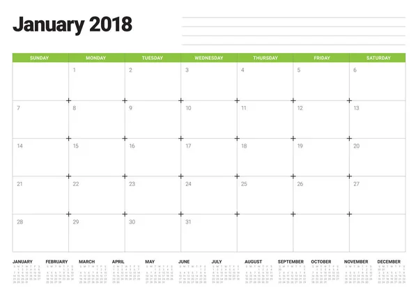 Enero 2018 calendario planificador vector ilustración — Archivo Imágenes Vectoriales