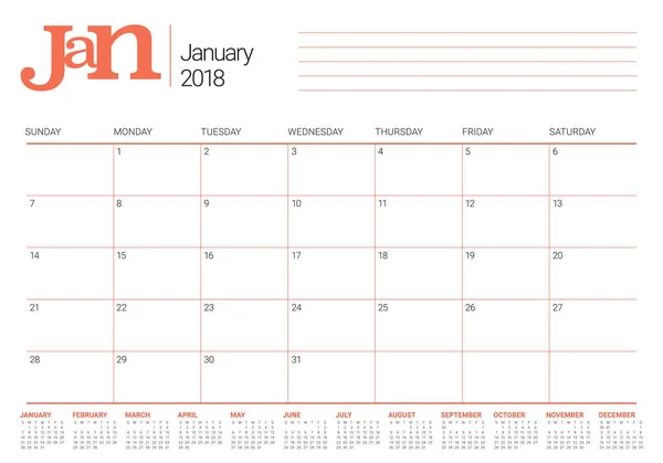 Enero 2018 calendario planificador vector ilustración — Vector de stock