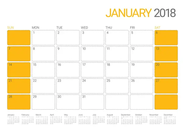 Ilustração do vetor planejador calendário de janeiro de 2018 —  Vetores de Stock