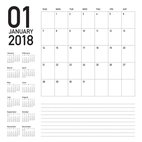 Векторная иллюстрация календаря января 2018 года — стоковый вектор
