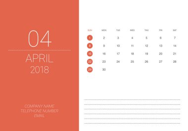 Nisan 2018 Resepsiyon takvim vektör çizim