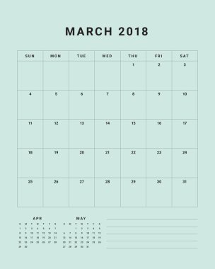 Mart 2018 Resepsiyon takvim vektör çizim