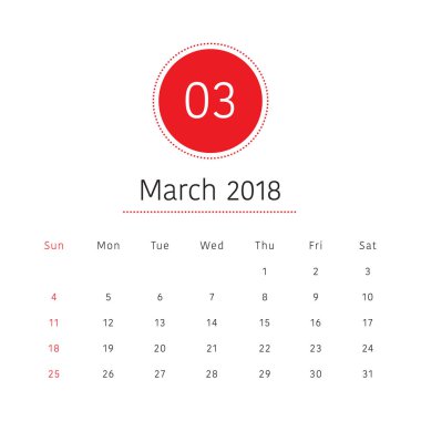 Mart 2018 Resepsiyon takvim vektör çizim