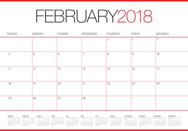 Şubat 2018 takvim planlayıcısı vektör çizim