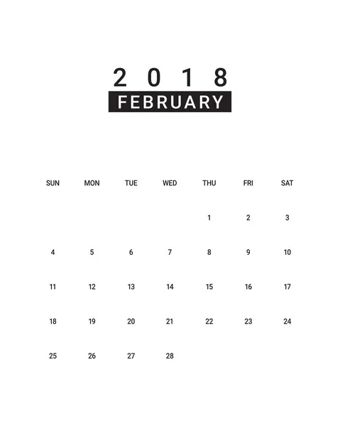 Fevereiro 2018 tabela calendário vetor ilustração —  Vetores de Stock