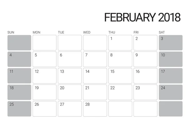 Fevereiro 2018 tabela calendário vetor ilustração —  Vetores de Stock