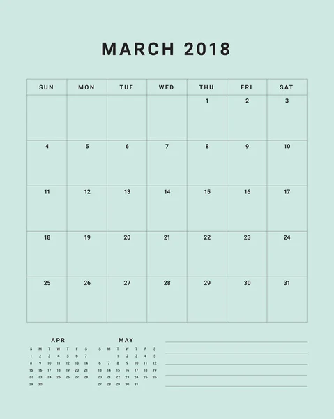 Εικονογράφηση διάνυσμα ημερολόγιο γραφείο Μαρτίου 2018 — Διανυσματικό Αρχείο
