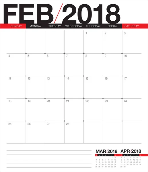 Février 2018 calendrier planificateur vectoriel illustration — Image vectorielle