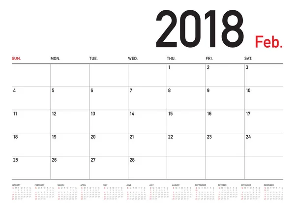 Febbraio 2018 calendario planner vettoriale illustrazione — Vettoriale Stock