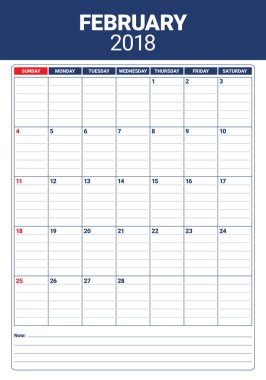 Şubat 2018 takvim planlayıcısı vektör çizim