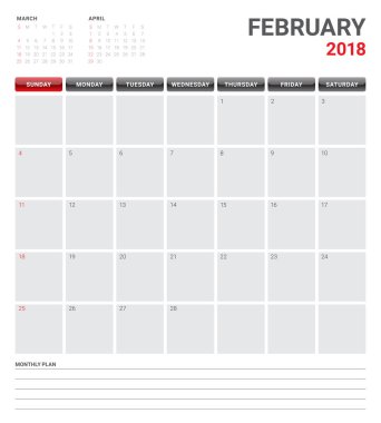Şubat 2018 takvim planlayıcısı vektör çizim