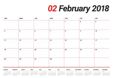 Şubat 2018 takvim planlayıcısı vektör çizim