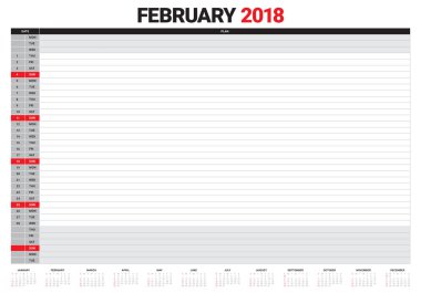 Şubat 2018 takvim planlayıcısı vektör çizim