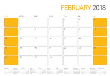 Şubat 2018 takvim planlayıcısı vektör çizim