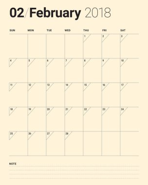 Şubat 2018 takvim planlayıcısı vektör çizim