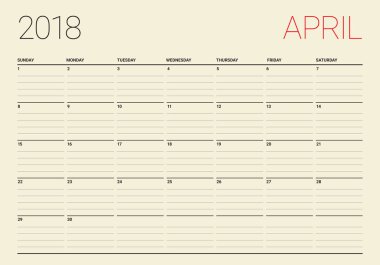 Nisan 2018 takvim planlayıcısı vektör çizim