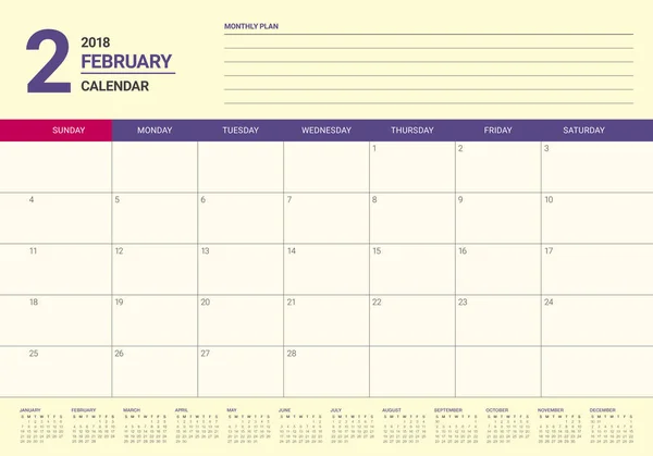 February 2018 calendar planner vector illustration — Stock Vector