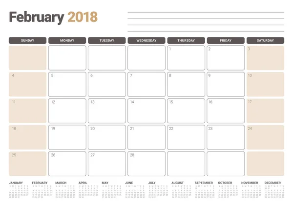Febrero 2018 calendario planificador vector ilustración — Vector de stock