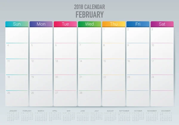 Лютий 2018 планування календаря Векторні ілюстрації — стоковий вектор
