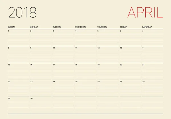 Abril 2018 calendario planificador vector ilustración — Archivo Imágenes Vectoriales