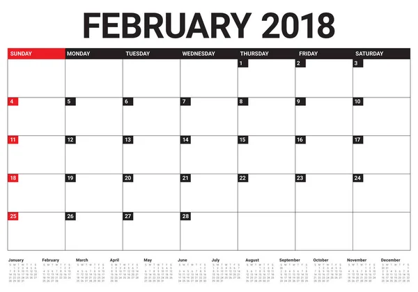 Векторная иллюстрация календаря февраля 2018 года — стоковый вектор