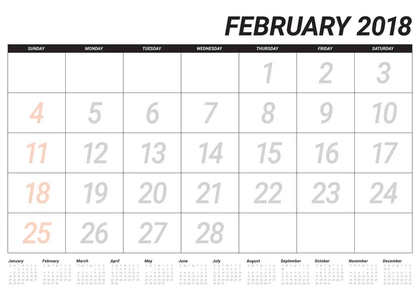 Febrero 2018 calendario planificador vector ilustración — Vector de stock