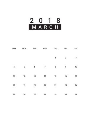 Mart 2018 Resepsiyon takvim vektör çizim