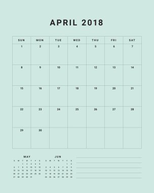 Nisan 2018 Resepsiyon takvim vektör çizim