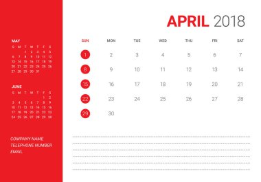Nisan 2018 Resepsiyon takvim vektör çizim