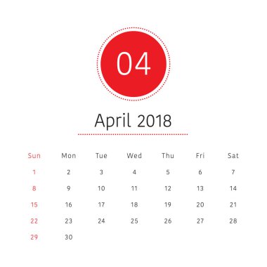 Nisan 2018 Resepsiyon takvim vektör çizim