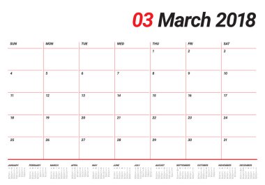 Mart 2018 takvim planlayıcısı vektör çizim