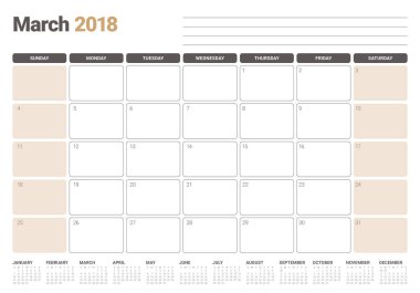 Mart 2018 takvim planlayıcısı vektör çizim