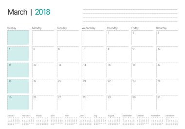Mart 2018 takvim planlayıcısı vektör çizim