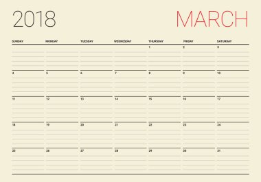Mart 2018 takvim planlayıcısı vektör çizim