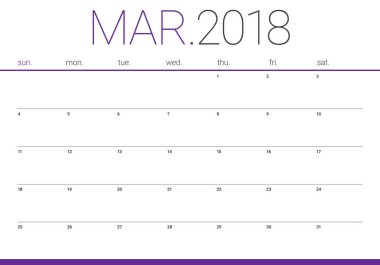 Mart 2018 takvim planlayıcısı vektör çizim