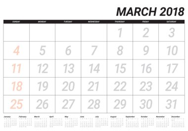 Mart 2018 takvim planlayıcısı vektör çizim