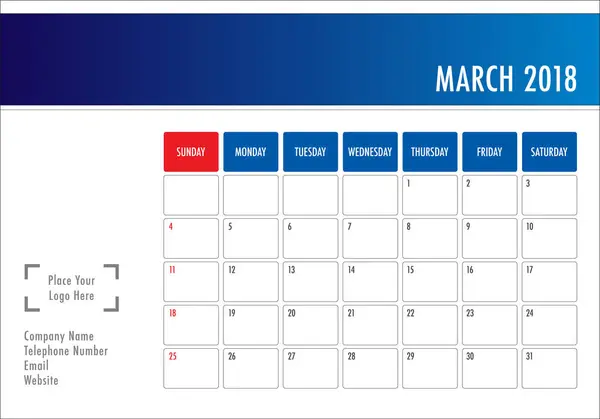 Векторная иллюстрация календаря марта 2018 года — стоковый вектор