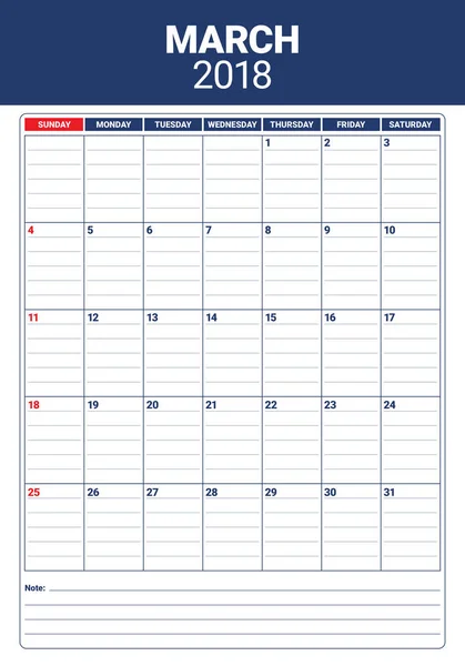 März 2018 Kalenderplaner Vektor Illustration — Stockvektor