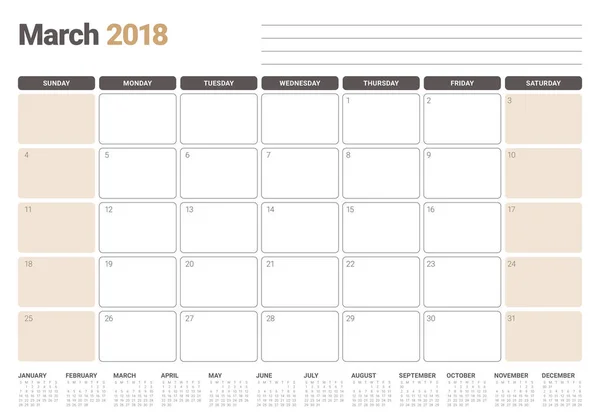 Marzo 2018 calendario planificador vector ilustración — Archivo Imágenes Vectoriales